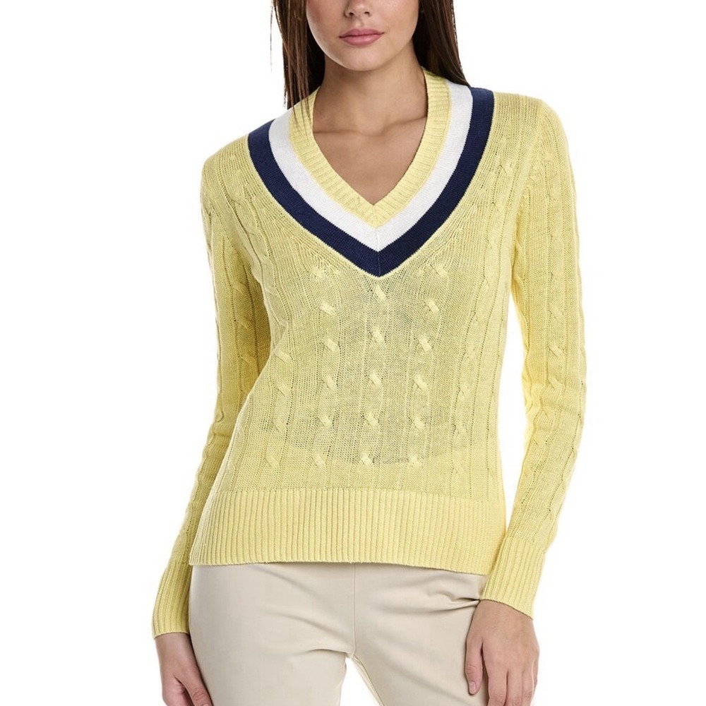 NWT Brooks Brothers Linen Cable Knit Sweater Yellow V-Neck Preppy Old Money Sz S